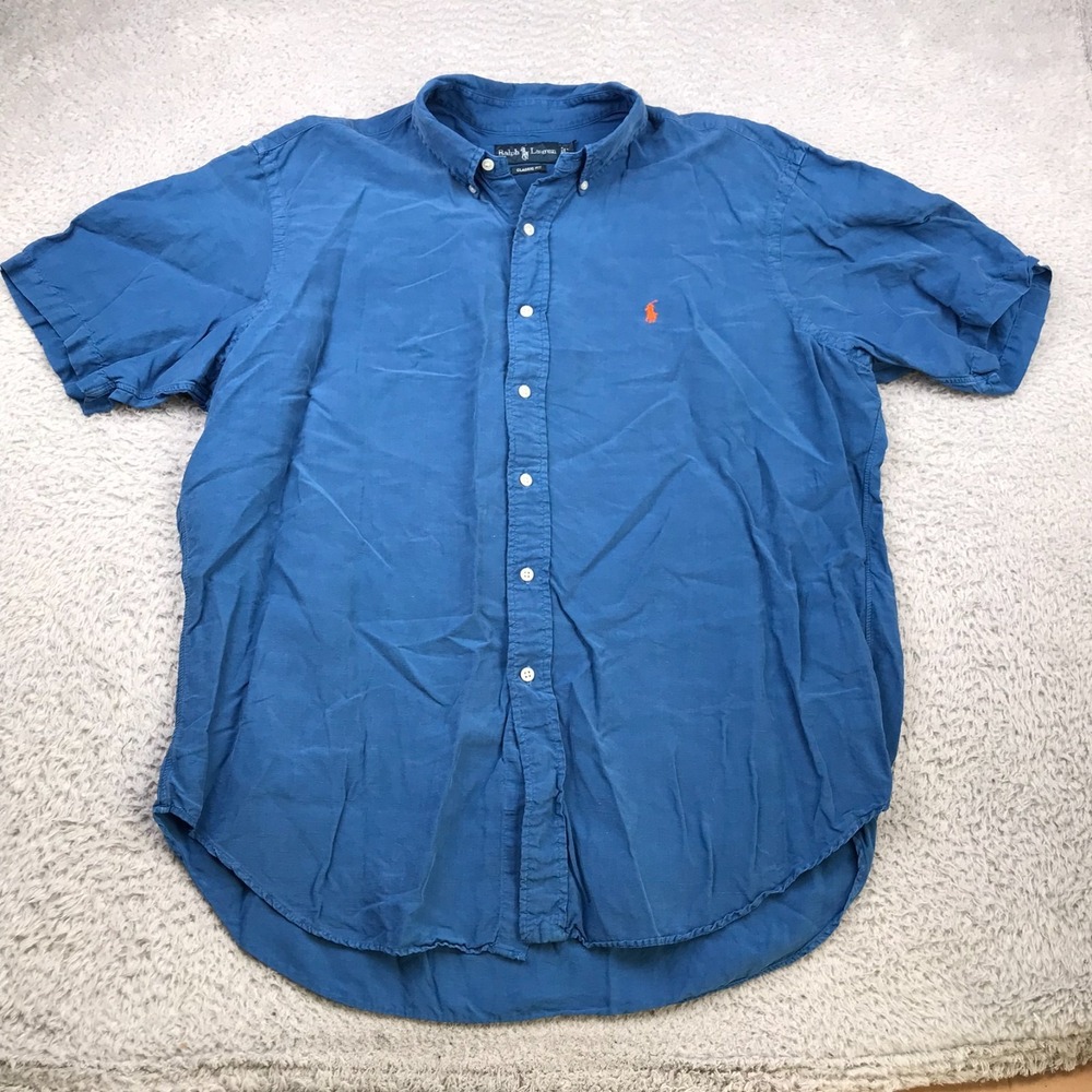 Ralph‎ Lauren Shirt Mens XL Classic Fit Blue Linen Silk Button Down Orange Pony